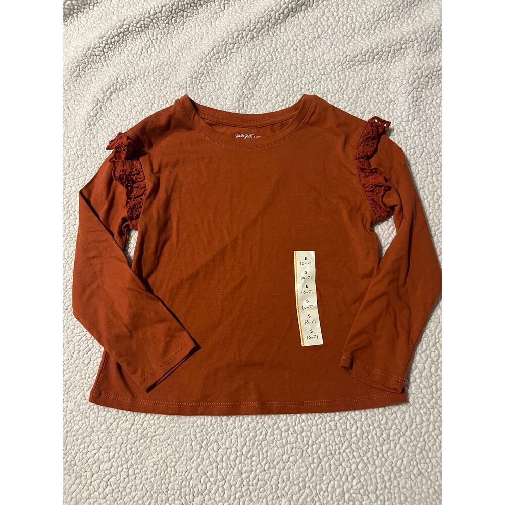 Cat & Jack Girls 6/7 Rust Brown Ruffle Long Sleeve Shirt NWT